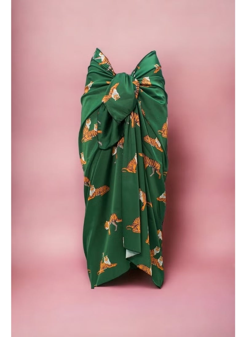 Pistore Green Tiger Patterned Long Pareo Satin Women's Beach Dress New Season - Image 2